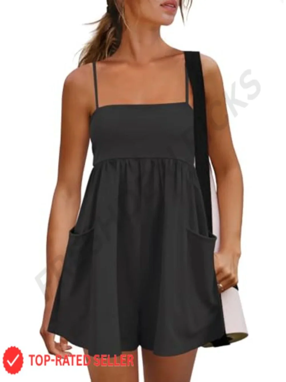 Women's Sleeveless Square Neck Romper with Pockets, Summer Beach Vacation Outfit